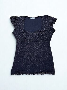 Black Ditsy Floral Print Short Sleeve Square Neckline Milkmaid Top Size XS/S